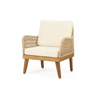 Hivvago Oud Accent Club Chair, Ivory Cushions, Rope Weaving, Brown Acacia Wood