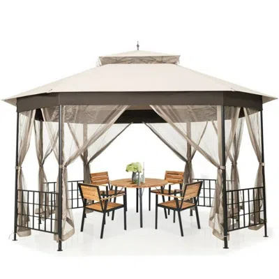 Hivvago Outdoor 10 X 12 Ft Octagon Gazebo With Mosquito Net Sidewalls And Canopy In Neutral