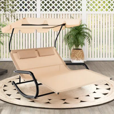 Hivvago Outdoor 2 Persons Rocking Chaise Lounge With Canopy And Wheels-beige In Neutral