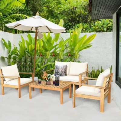 Hivvago Outdoor 4 Pieces Acacia Wood Chat Set With Water Resistant Cushions-red In Neutral
