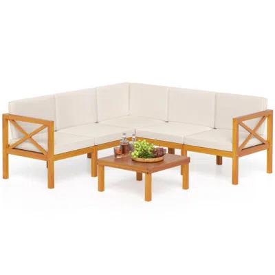 Hivvago Outdoor 6 Pieces Acacia Wood Patio Sectional Furniture Set-off White