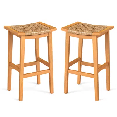 Hivvago Outdoor Acacia Wood Bar Stools Set Of 2 With Pe Rattan Seats And Backrests In Brown