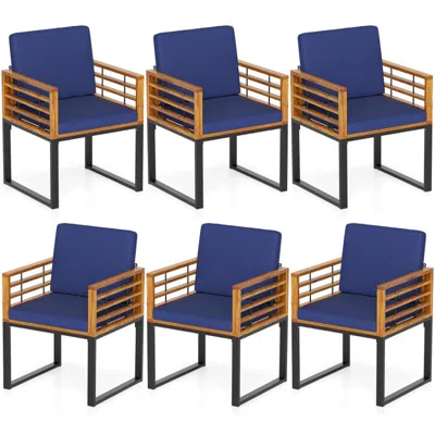 Hivvago Outdoor Acacia Wood Patio Dining Chairs Set Of 6 With Seat Back Cushions In Blue