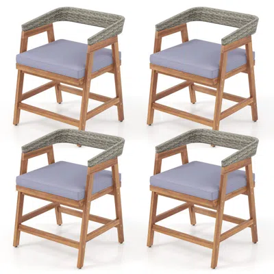 Hivvago Outdoor Acacia Wood Patio Wicker Dining Chairs Set Of 4 With Seat Cushion-gray