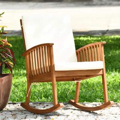 Hivvago Outdoor Acacia Wood Rocking Chair With Detachable Washable Cushions In White