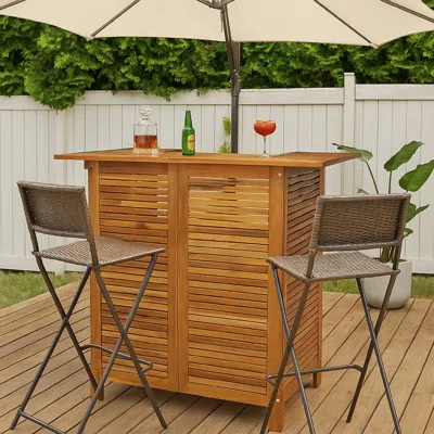 Hivvago Outdoor Bar Counter Table W Shelves, 43 Inch Brown Solid Acacia Wood