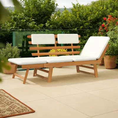 Hivvago Outdoor Bench, Folding 2 In 1 Style, White Cushions, Brown Acacia Wood