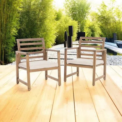 Hivvago Outdoor Club Chair Set Of 2, Slat Back, Brown Acacia Wood, White Fabric
