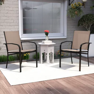 Hivvago Outdoor Dining Chairs Set Of 2 With High Back And Metal Frame-light Brown