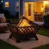 Hivvago Outdoor Fire Pit With Poker N Mesh Cover, 25 Inch Square, Black Steel