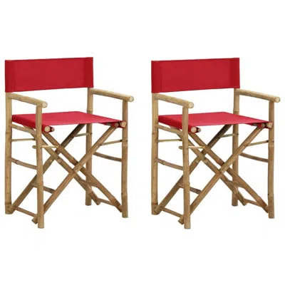 Hivvago Outdoor Foldable Accent Chair Set Of 2, Red Fabric, Brown Bamboo