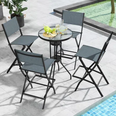 Hivvago Outdoor Folding Bar Height Stool Set Of 4 With Metal Frame And Footrest-blue