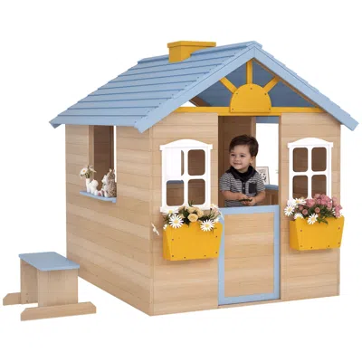 Hivvago Outdoor Kids Playhouse With Bench, Service Station & Flower Pot Holder