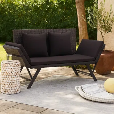 Hivvago Outdoor Loveseat Bench, Black Fabric Cushions, Rattan, Steel, 51 Inch