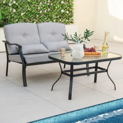 Hivvago Outdoor Loveseat Chair Set With Tempered Glass Coffee Table In Gold