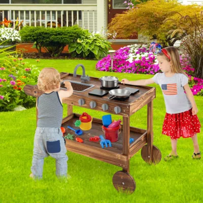 Hivvago Outdoor Movable Mud Kitchen With 2 Rolling Wheels And 1 Push Handle-natural In Brown