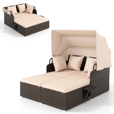 Hivvago Outdoor Patio Rattan Daybed With Retractable Canopy And Side Tables