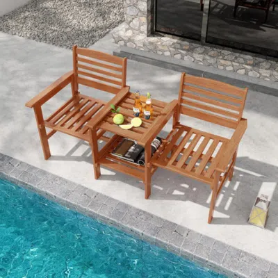 Hivvago Outdoor Patio Wood 2-seat Conversation Set With Coffee Table And Umbrella Hole