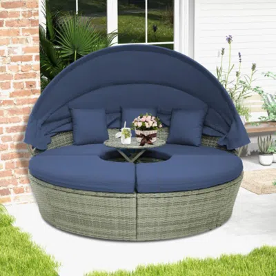 Hivvago Outdoor Pe Wicker Round Daybed With Retractable Canopy And Cushions-navy In Brown