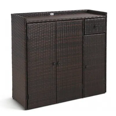 Hivvago Outdoor Pe Wicker Storage Cabinet With 3 Doors And Adjustable Shelves And Drawer