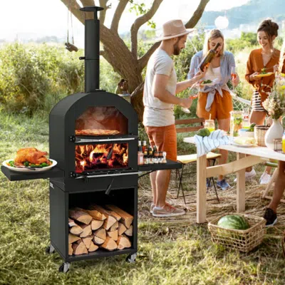 Hivvago Outdoor Pizza Oven With Protective Cover And Grill Racks And Built-in Thermometer In Black