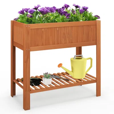 Hivvago Outdoor Raised Garden Bed Fir Wood Planter Box With Bottom Storage Shelf And Protective Liner-brown
