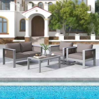 Hivvago Outdoor Rectangle Coffee Table With Tempered Glass Tabletop For Backyard Poolside-gray In Multi