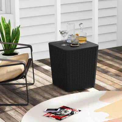Hivvago Outdoor Resin Storage Side Table With Removable Lid And Wicker-woven Accent-black