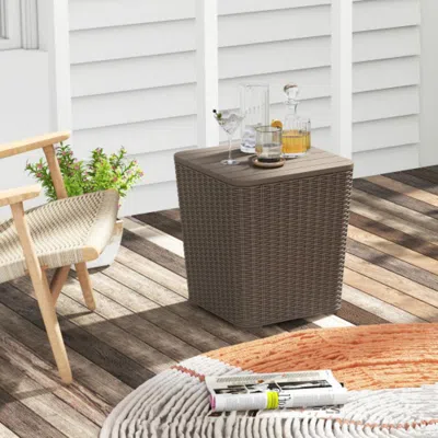 Hivvago Outdoor Resin Storage Side Table With Removable Lid And Wicker-woven Accent-coffee