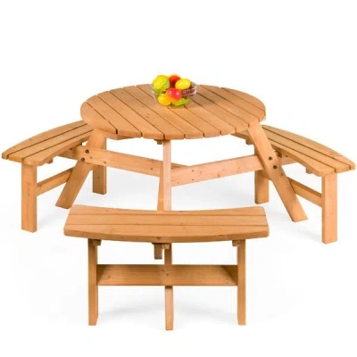 Hivvago Outdoor Round Wood Picnic Table Bench Set With Umbrella Hole - Seats 6 In Brown