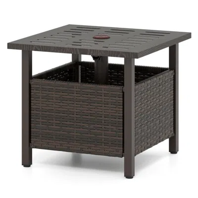Hivvago Outdoor Side Table All-weather Pe Wicker Patio Table With Umbrella Hole-brown