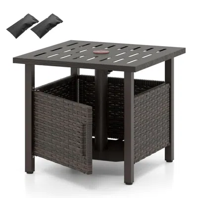 Hivvago Outdoor Side Table With 1.93" Umbrella Hole All-weather Pe Wicker Patio Umbrella Table