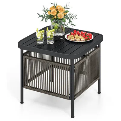 Hivvago Outdoor Side Table With Umbrella Hole And Storage Shelf In Black