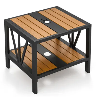 Hivvago Outdoor Side Table With Umbrella Hole And Storage Shelf For Porch In Brown
