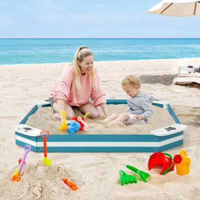 Hivvago Outdoor Solid Wood Sandbox With 4 Built-in Animal Patterns Seats In Blue