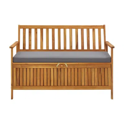Hivvago Outdoor Storage Bench, Brown Solid Acacia Wood, Gray Fabric, 47 Inch