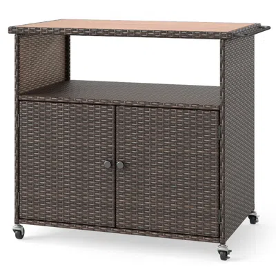 Hivvago Outdoor Storage Cabinet With Acacia Wood Top And Lockable Wheels In Brown