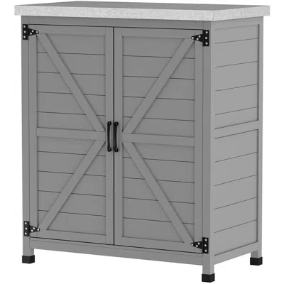 Hivvago Outdoor Storage Cabinet With Metal Tabletop And Shelves In Gray