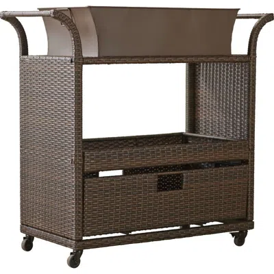 Hivvago Outdoor Sturdy Resin Wicker Serving Bar Cart With Tray Brown Rattan