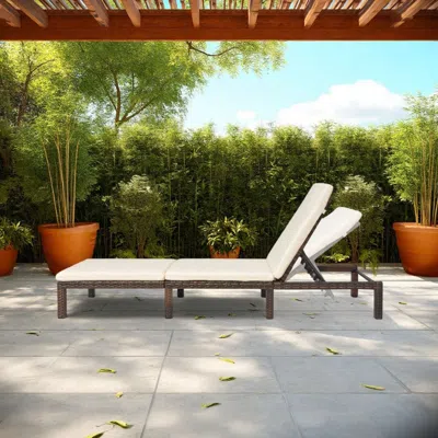 Hivvago Outdoor Sun Lounger With White Cushion, Adjustable Back, Brown Wood