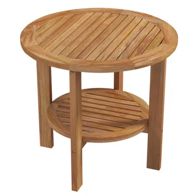 Hivvago Outdoor Teak Wood Round Side Table Patio End Table With Slatted Storage Shelf In Brown