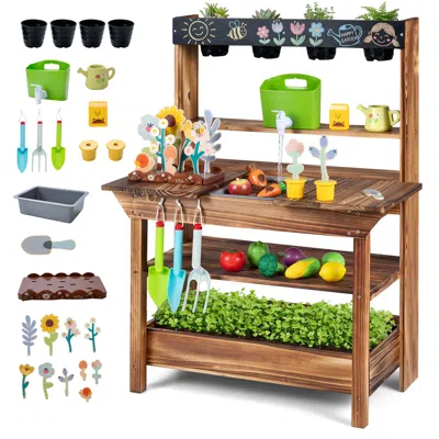 Hivvago Outdoor Wood Mud Kitchen With Water Faucet And Planter In Brown