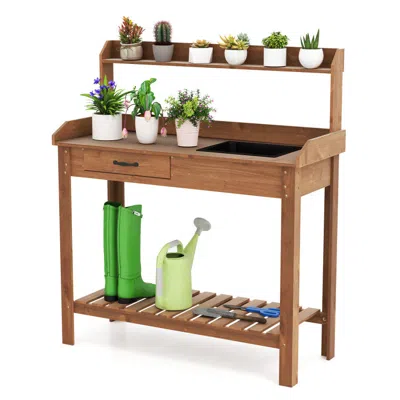 Hivvago Outdoor Wooden Garden Table Work Station With Storage Shelves And Drawer-coffee
