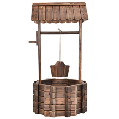 Hivvago Outdoor Wooden Wishing Well Planter Bucket In Brown