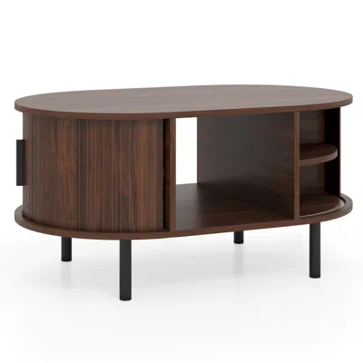 Hivvago Oval Coffee Table With Open Compartment And Sector Shelves In Brown