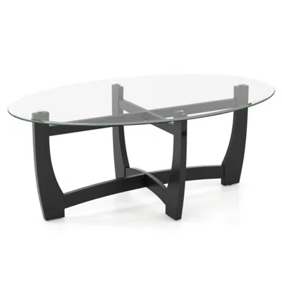 Hivvago Oval Coffee Table With Tempered Glass Tabletop And Rubber Wood Legs-black