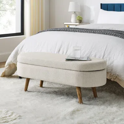 Hivvago Oval Shaped Ottoman Linen Storage Bench With Wooden Legs - Beige In White
