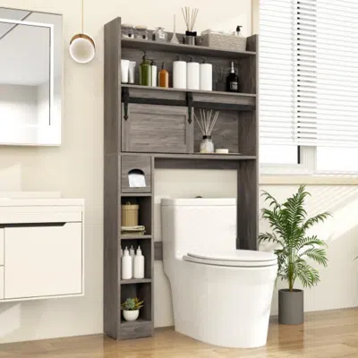 Hivvago Over The Toilet Storage Cabinet With Sliding Barn Door And Adjustable Shelves-gray In Black