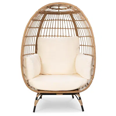 Hivvago Oversized Patio Lounger Indoor/outdoor Wicker Egg Chair Off White In Brown