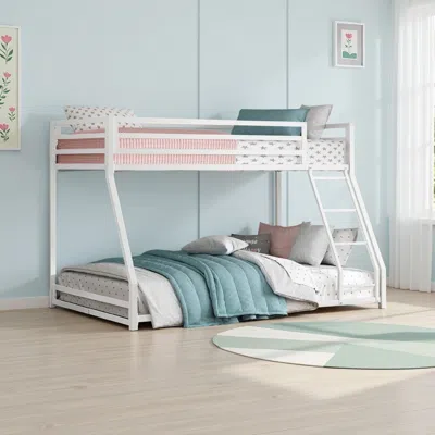 Hivvago Ovi 78 Inch Twin Over Full Bunk Bed, Ladder, Ground Level Bed, White Metal